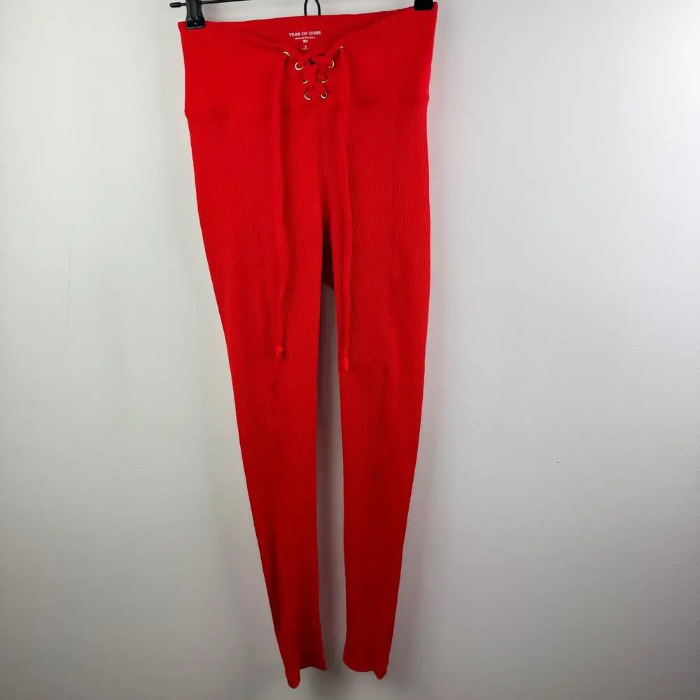 YEAR OF OURS Red Legging Stretch Lace-Up Ribbed Football High-Waisted SZ S Small - Picture 2 of 4